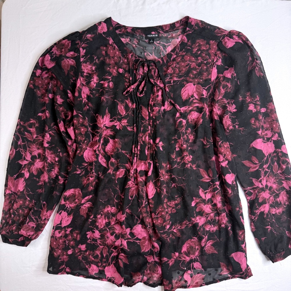 Torrid Womens Size 2 Pink Black Floral Clip Dot Sheer Tie Neck Blouse Top
